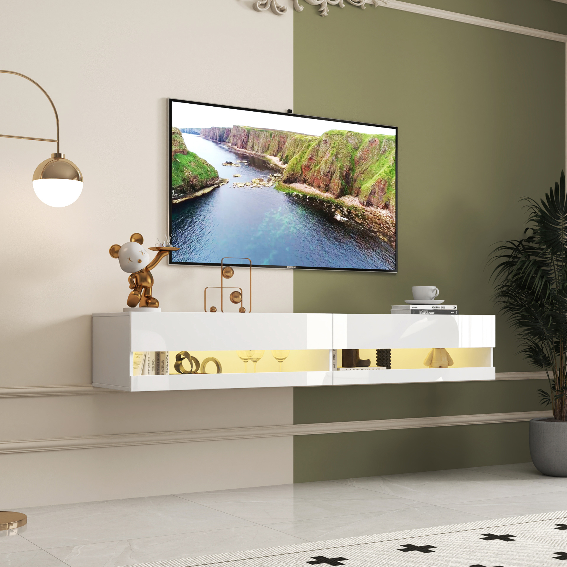 71" Wall-Mounted Floating TV Stand with 20 Color LEDs & Charging Station