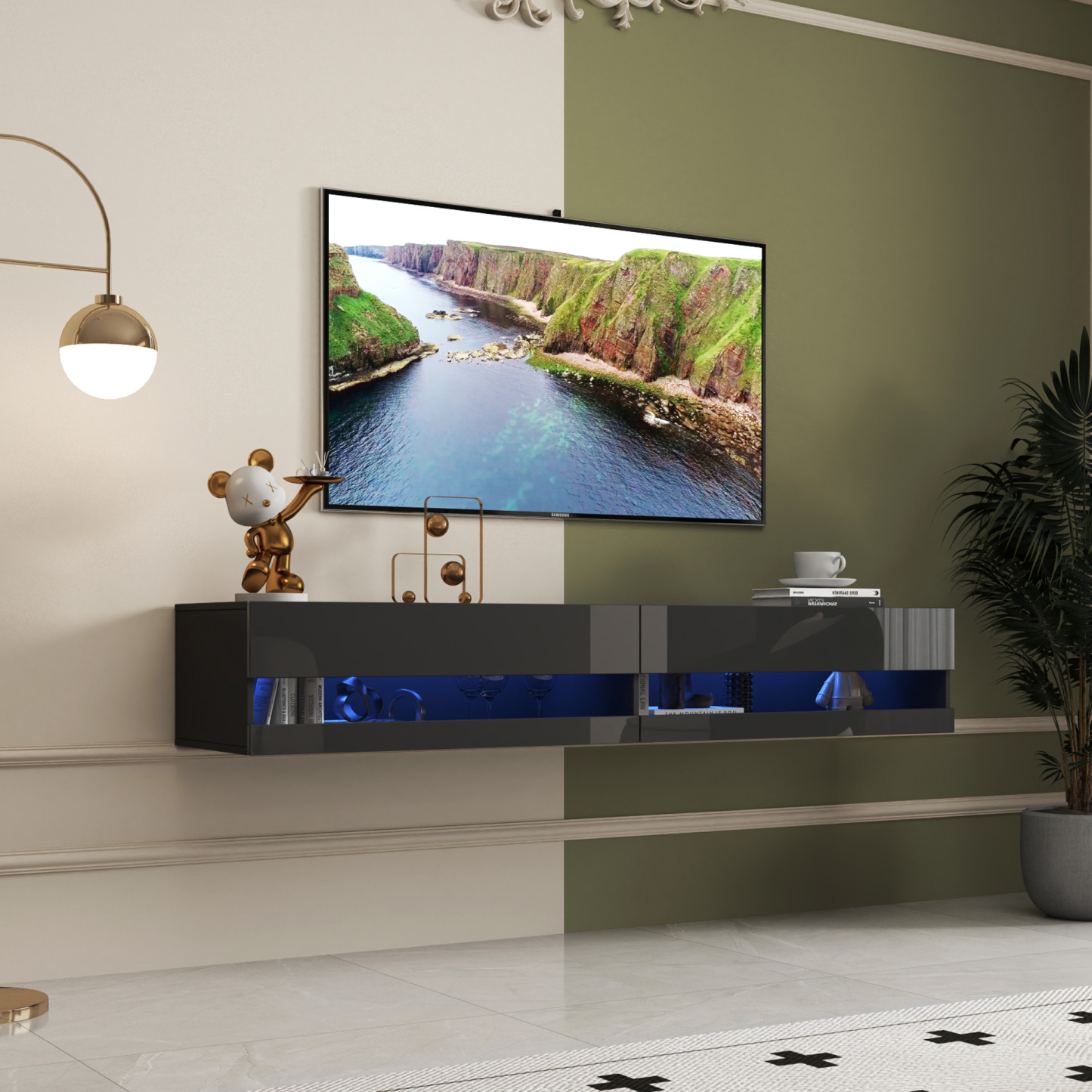 71" Wall-Mounted Floating TV Stand with 20 Color LEDs & Charging Station