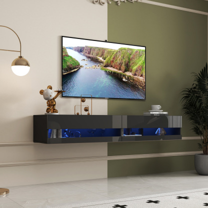 71" Wall-Mounted Floating TV Stand with 20 Color LEDs & Charging Station