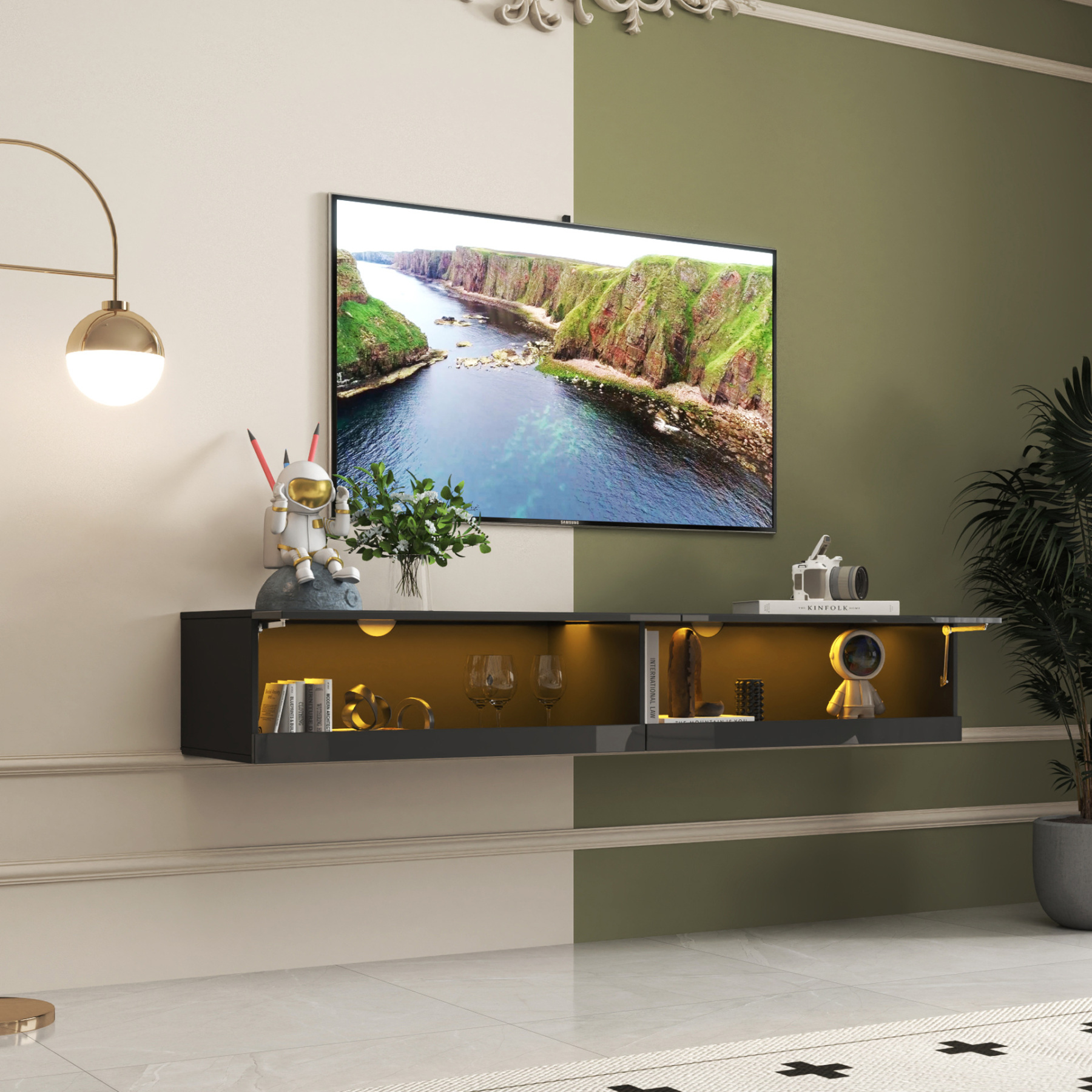 71" Wall-Mounted Floating TV Stand with 20 Color LEDs & Charging Station