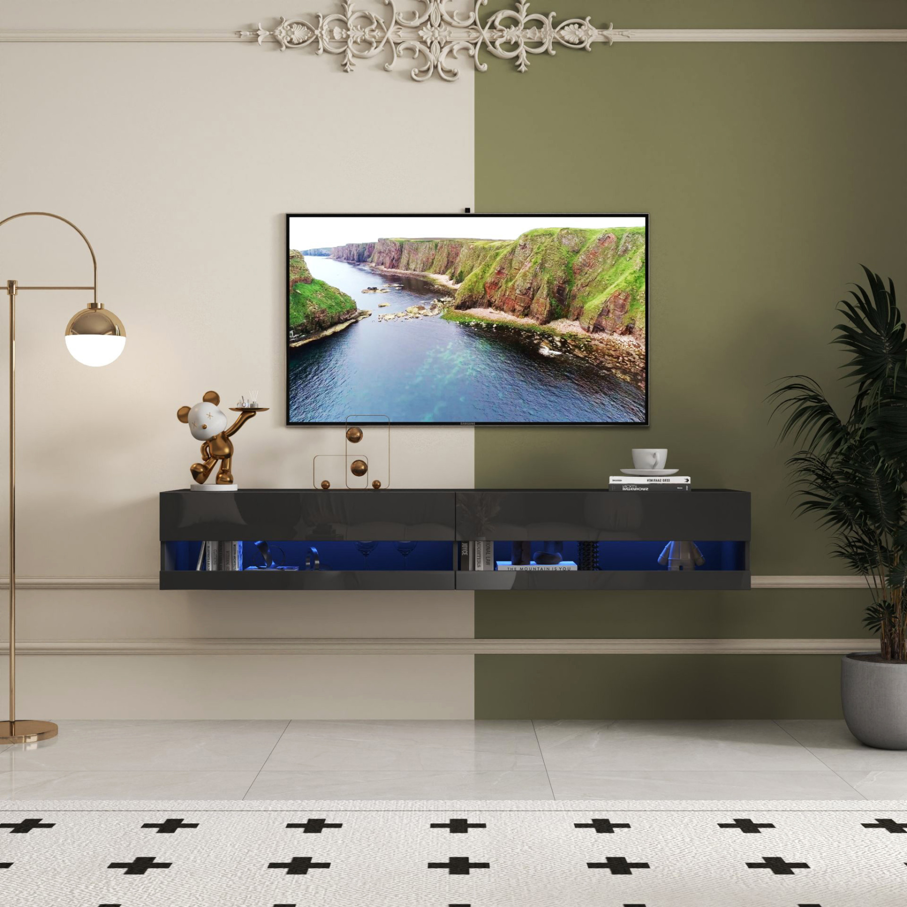 71" Wall-Mounted Floating TV Stand with 20 Color LEDs & Charging Station