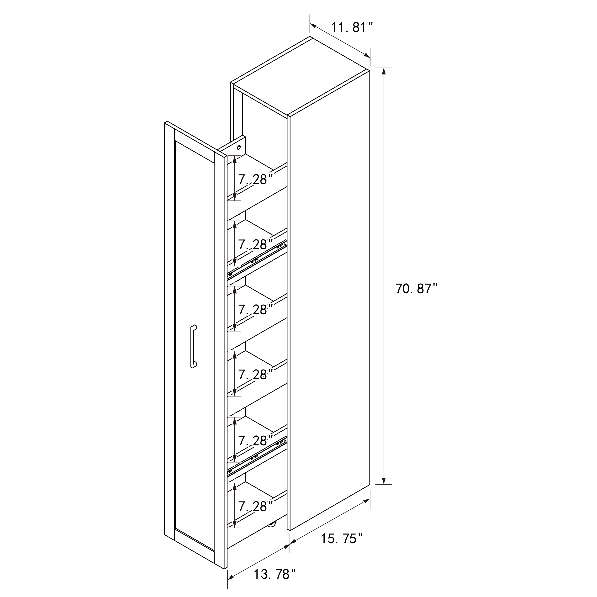 71” White Slim Rolling Pantry Cabinet with 6-Tier Shelf & Wheels