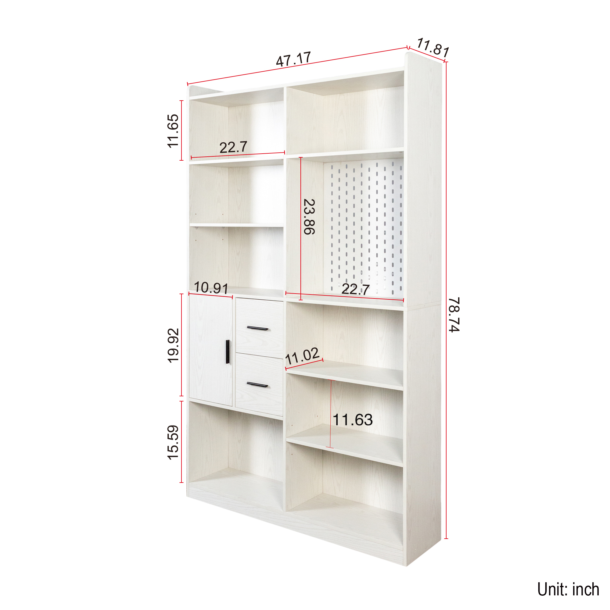 79" Multi-Functional Bookshelf with Drawers, Adjustable Shelves & Pegboard, White