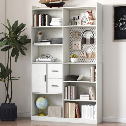 79" Multi-Functional Bookshelf with Drawers, Adjustable Shelves & Pegboard, White