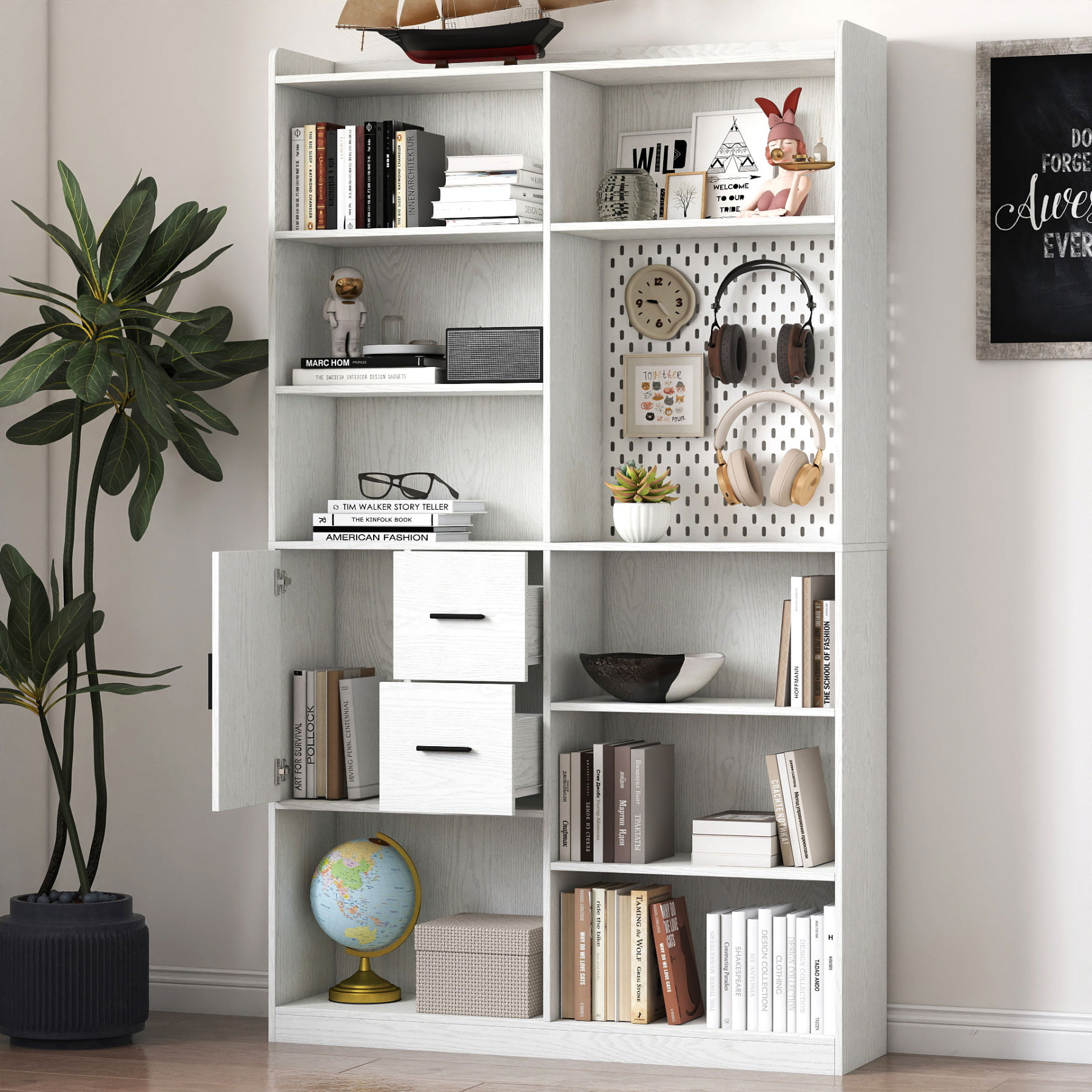 79" Multi-Functional Bookshelf with Drawers, Adjustable Shelves & Pegboard, White