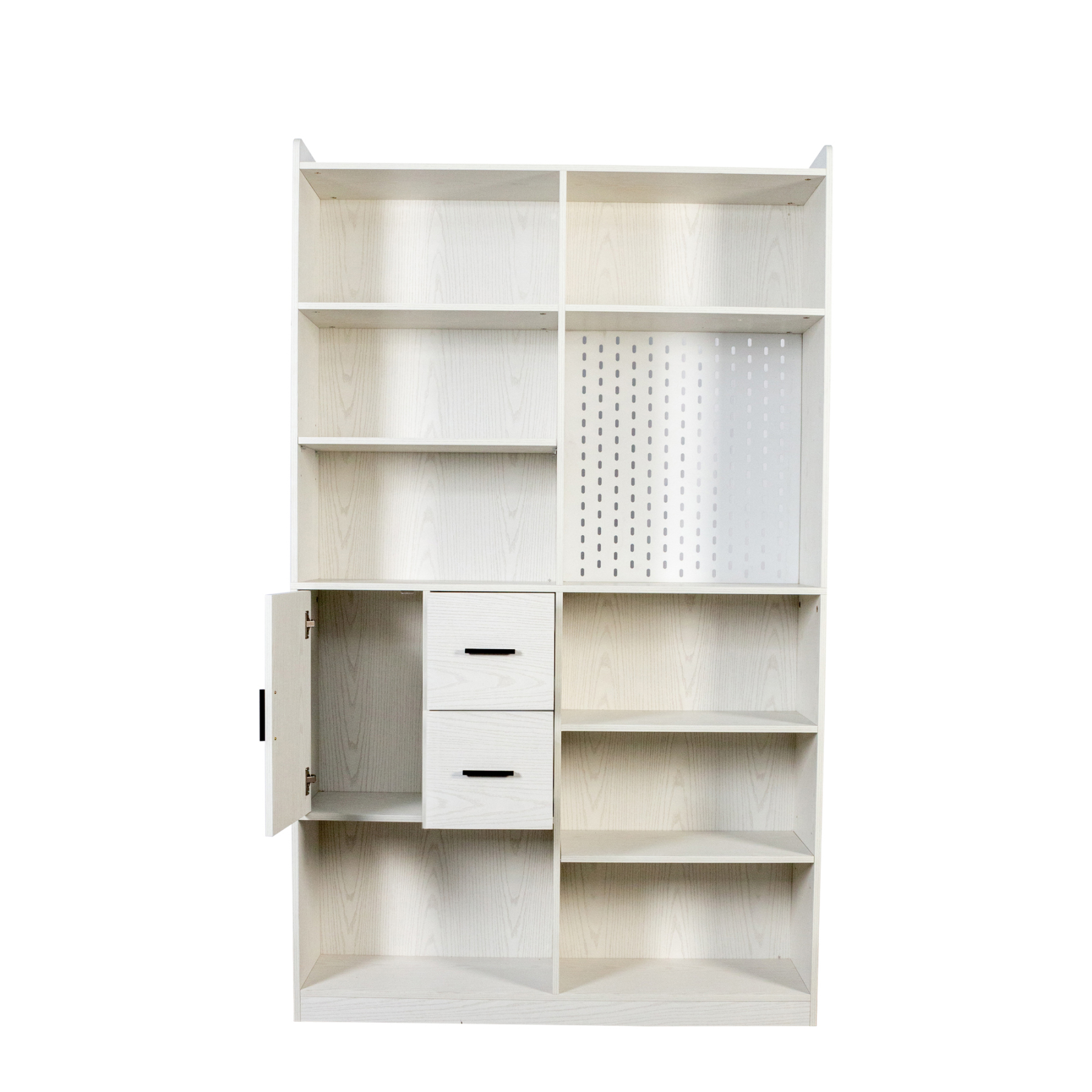 79" Multi-Functional Bookshelf with Drawers, Adjustable Shelves & Pegboard, White
