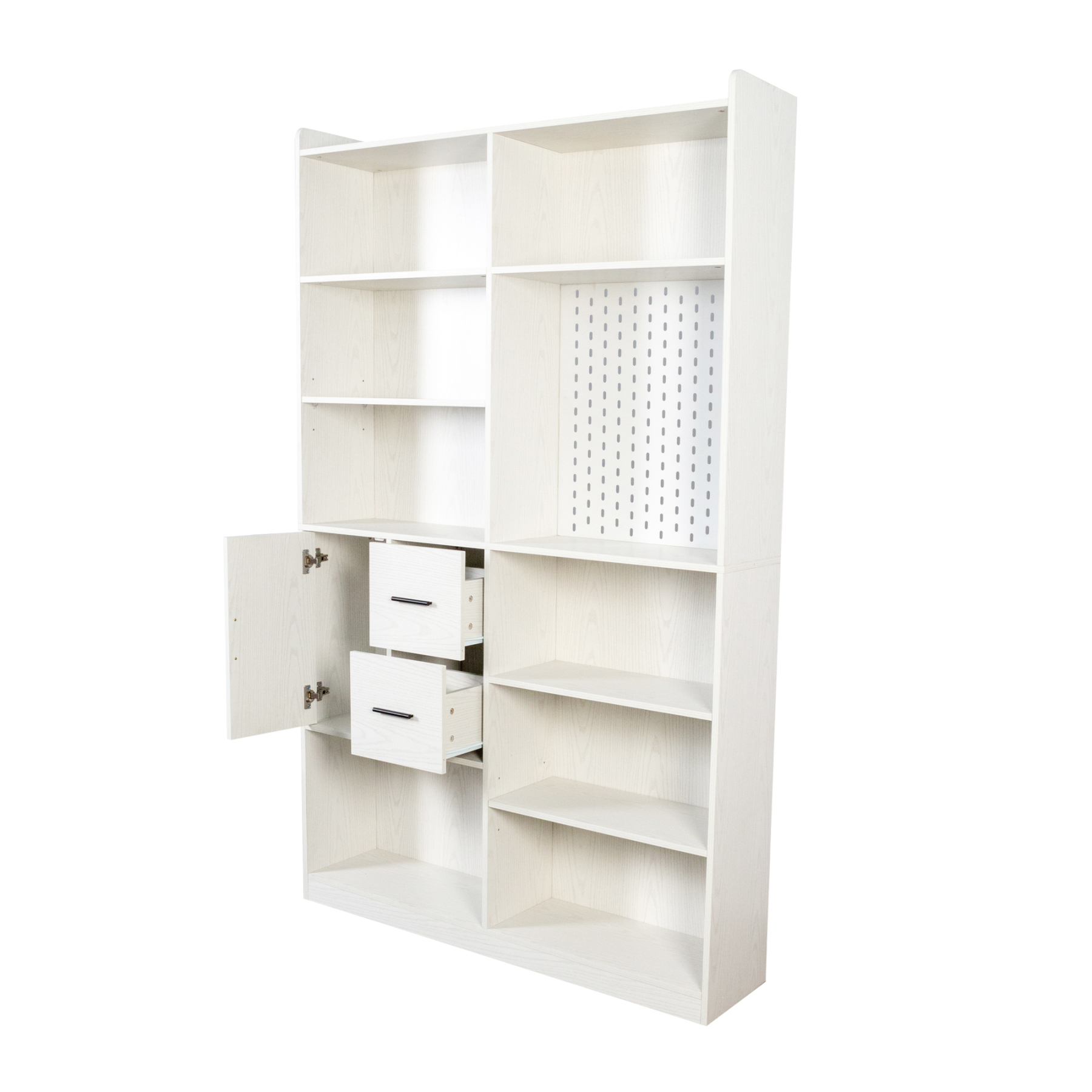 79" Multi-Functional Bookshelf with Drawers, Adjustable Shelves & Pegboard, White
