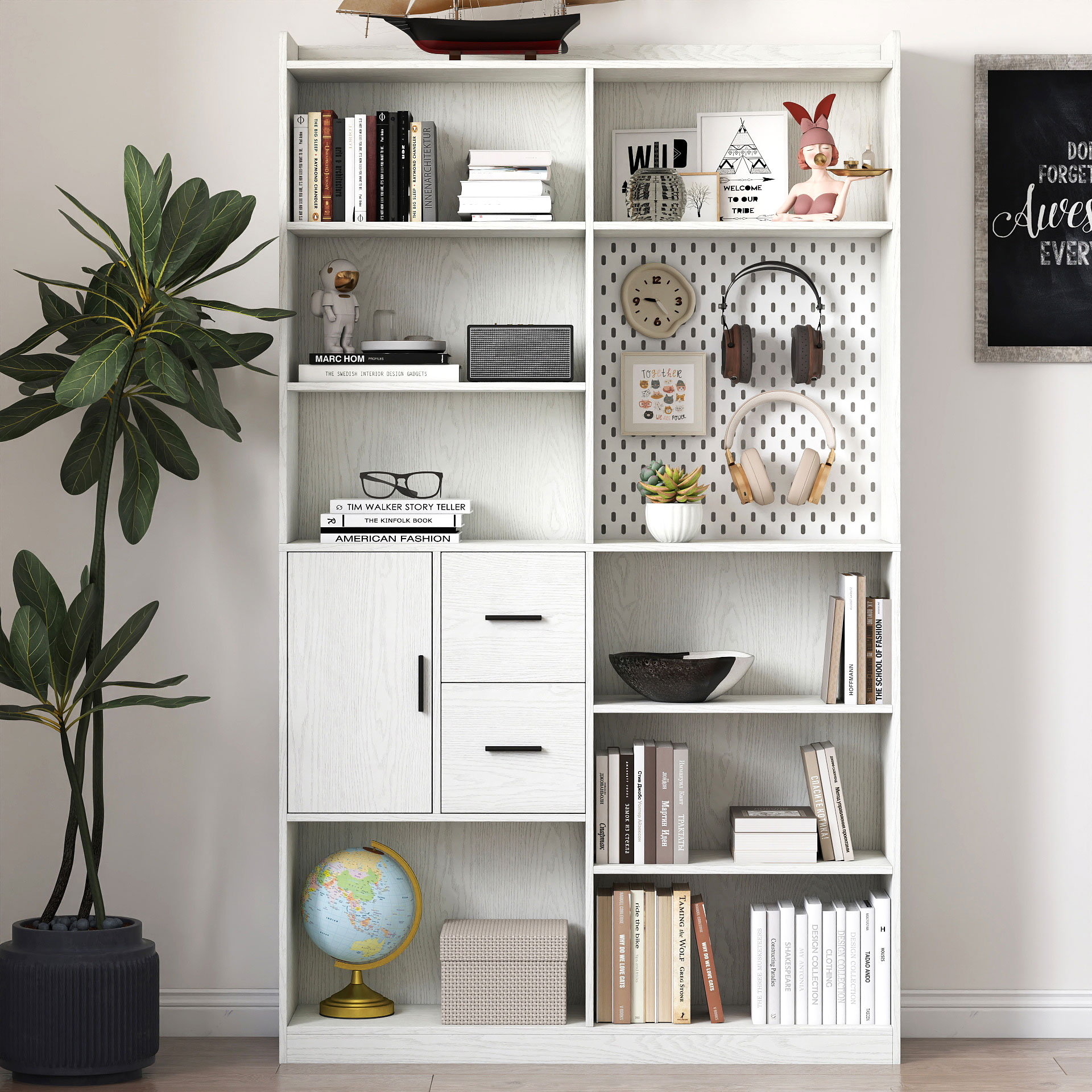 79" Multi-Functional Bookshelf with Drawers, Adjustable Shelves & Pegboard, White