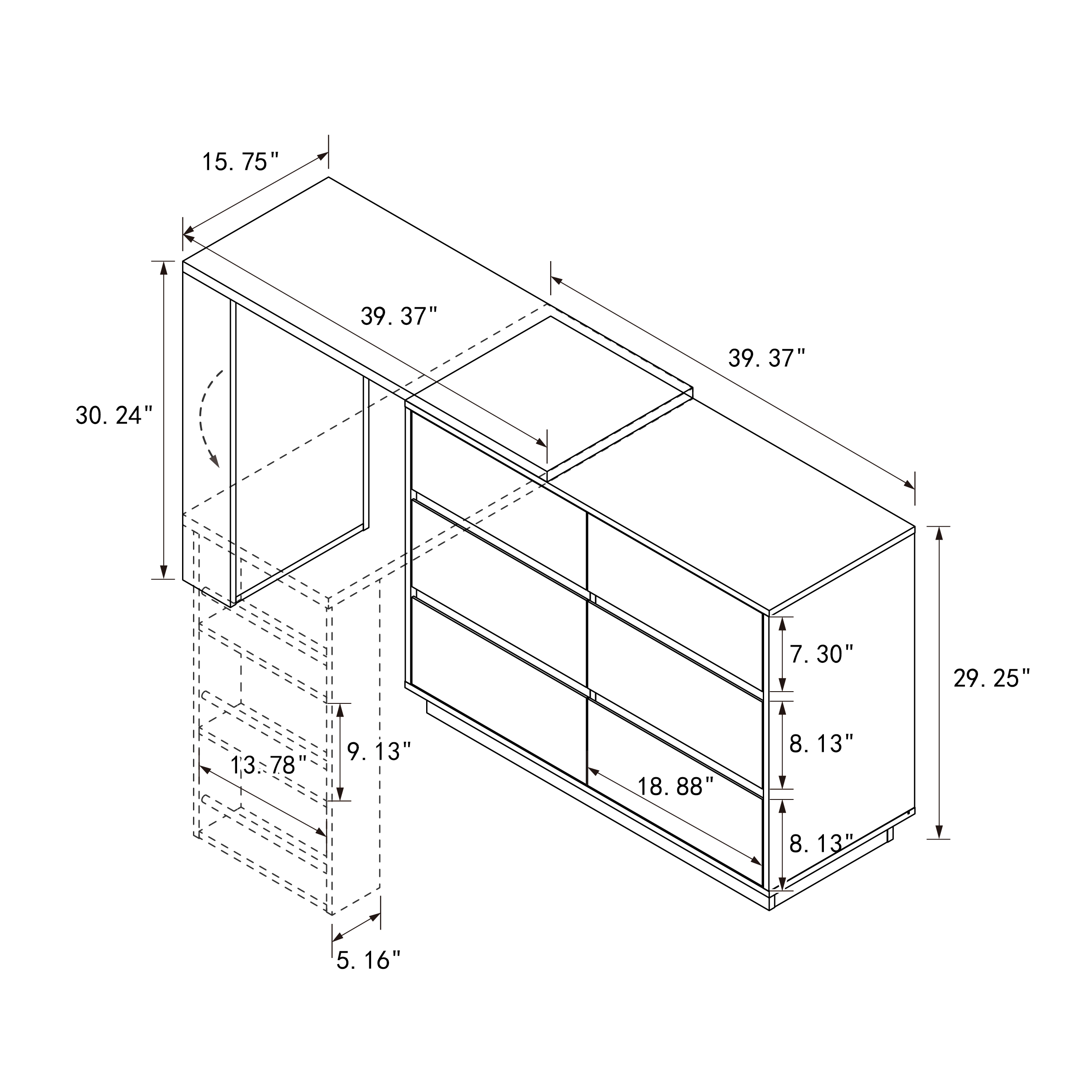 Convertible Storage Cabinet w/ 6 Drawers & Movable Desk for Bedroom, Home Office