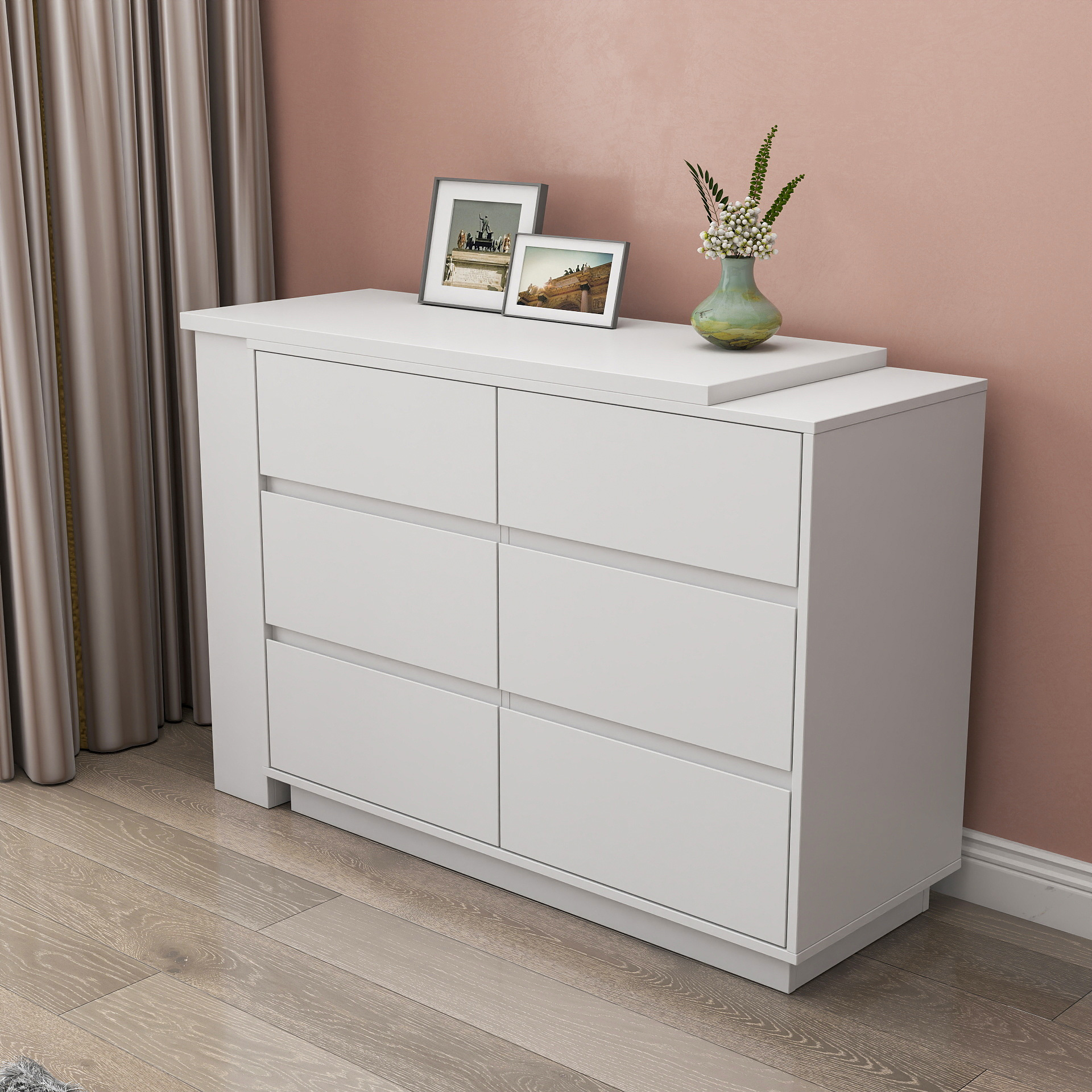 Convertible Storage Cabinet w/ 6 Drawers & Movable Desk for Bedroom, Home Office