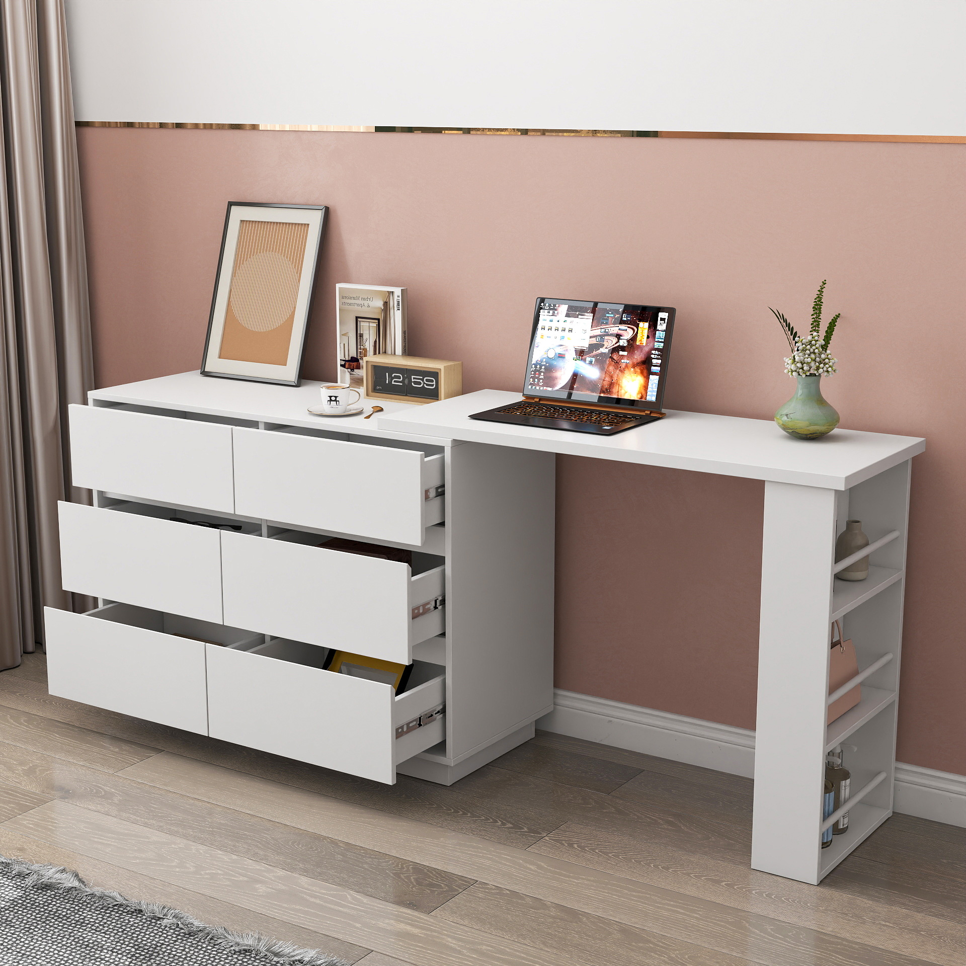 Convertible Storage Cabinet w/ 6 Drawers & Movable Desk for Bedroom, Home Office