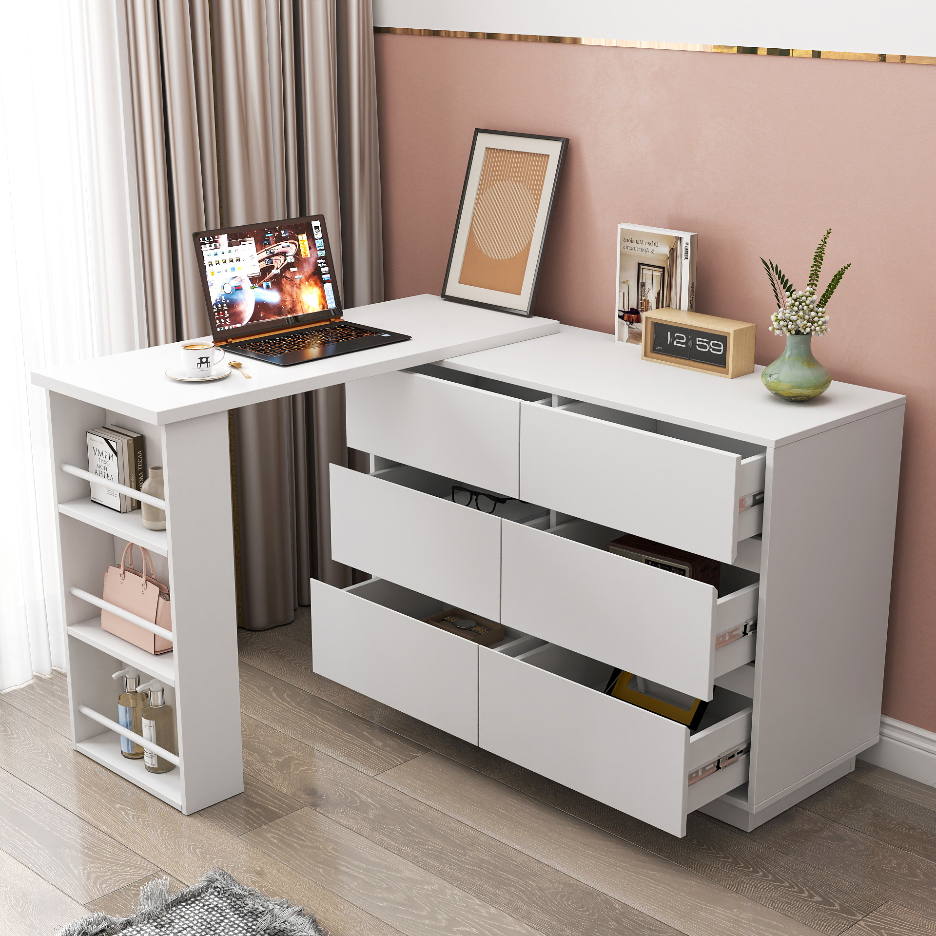 Convertible Storage Cabinet w/ 6 Drawers & Movable Desk for Bedroom, Home Office