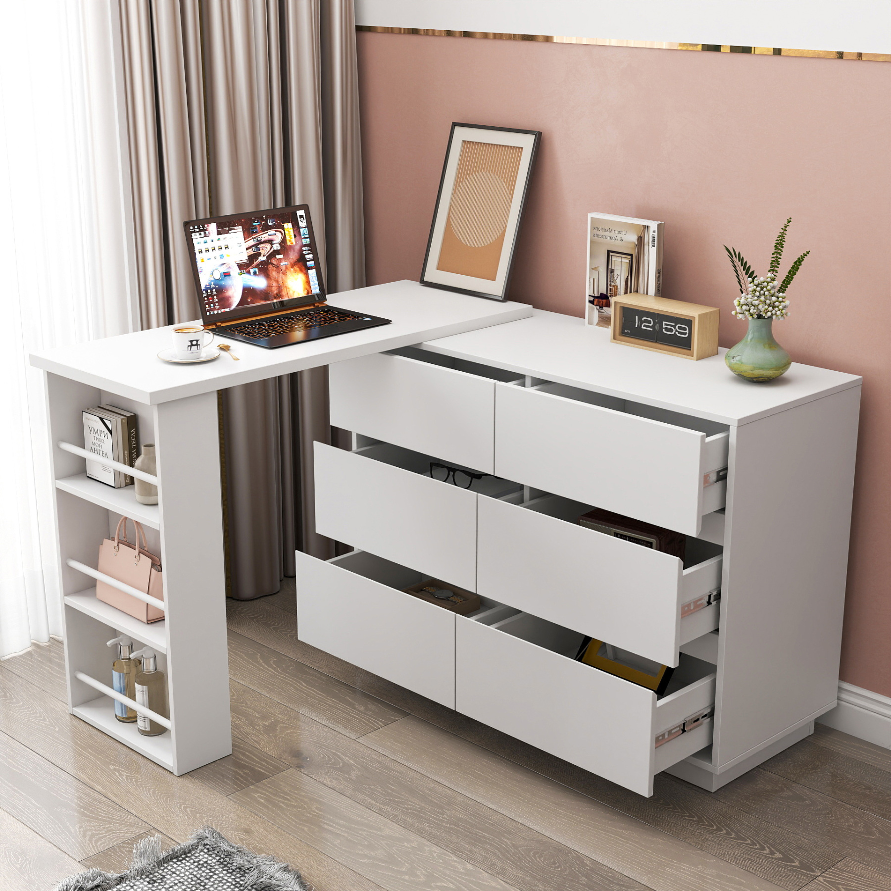 Convertible Storage Cabinet w/ 6 Drawers & Movable Desk for Bedroom, Home Office