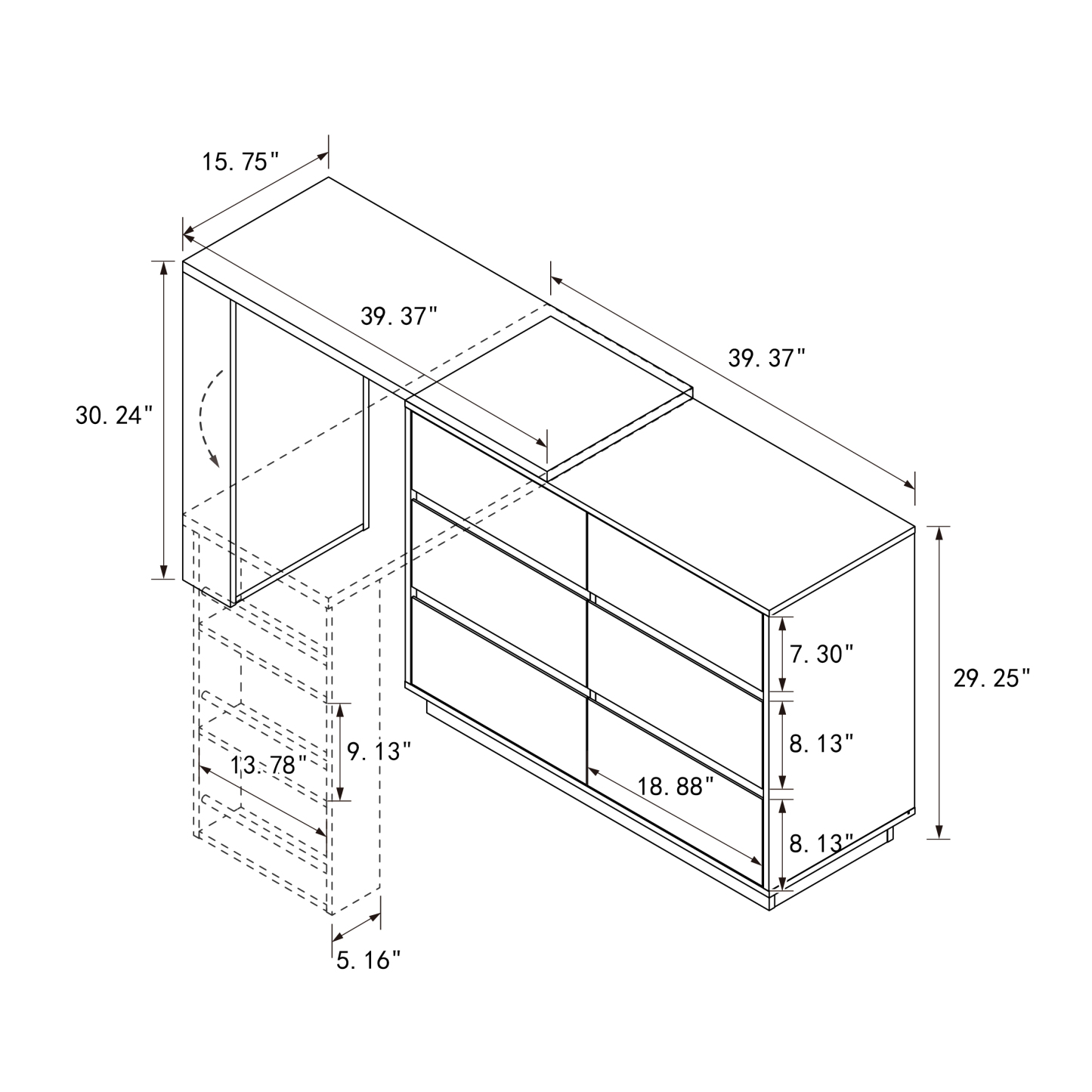 Convertible Storage Cabinet w/ 6 Drawers & Movable Desk for Bedroom, Home Office