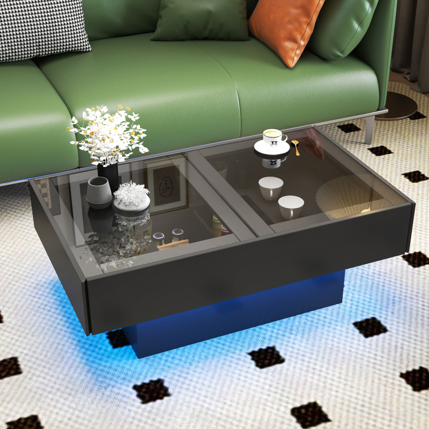 Extendable Coffee Table w/ Sliding Glass Top, Hidden Storage & LED Base, Black