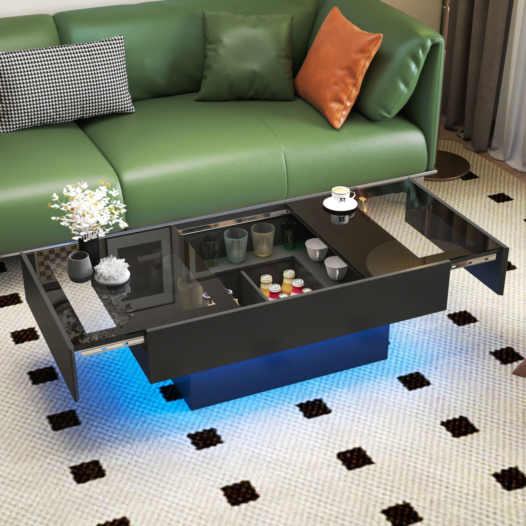 Extendable Coffee Table w/ Sliding Glass Top, Hidden Storage & LED Base, Black