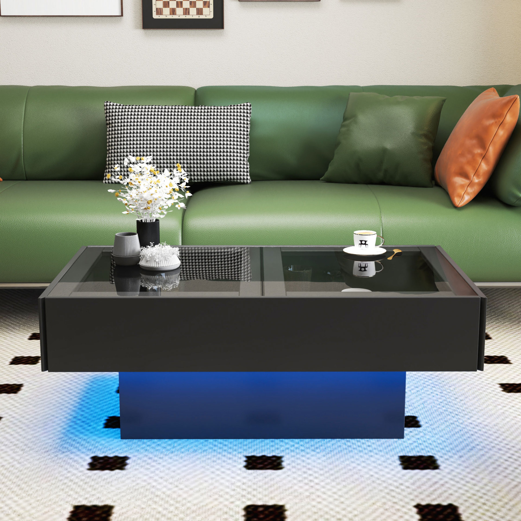 Extendable Coffee Table w/ Sliding Glass Top, Hidden Storage & LED Base, Black