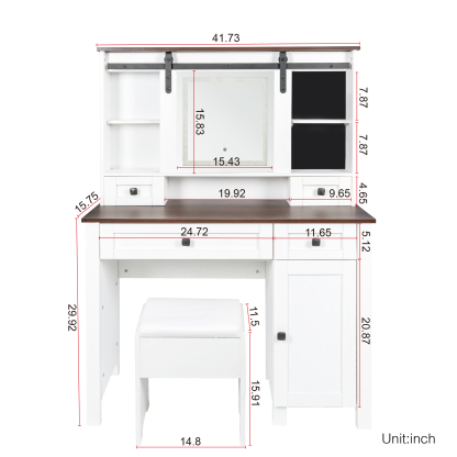 Farmhouse Makeup Vanity Set with Cushioned Stool, Lighted Mirror, Drawers and Cabinet