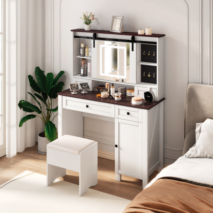 Farmhouse Makeup Vanity Set with Cushioned Stool, Lighted Mirror, Drawers and Cabinet