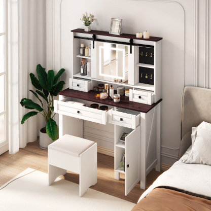 Farmhouse Makeup Vanity Set with Cushioned Stool, Lighted Mirror, Drawers and Cabinet