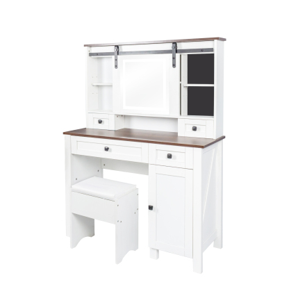 Farmhouse Makeup Vanity Set with Cushioned Stool, Lighted Mirror, Drawers and Cabinet