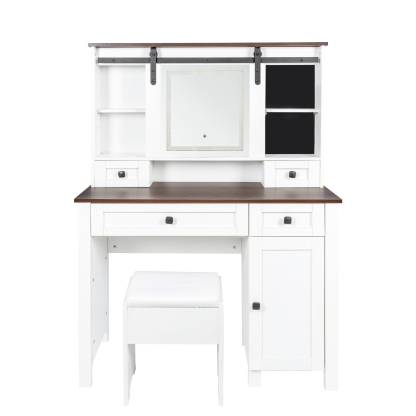 Farmhouse Makeup Vanity Set with Cushioned Stool, Lighted Mirror, Drawers and Cabinet