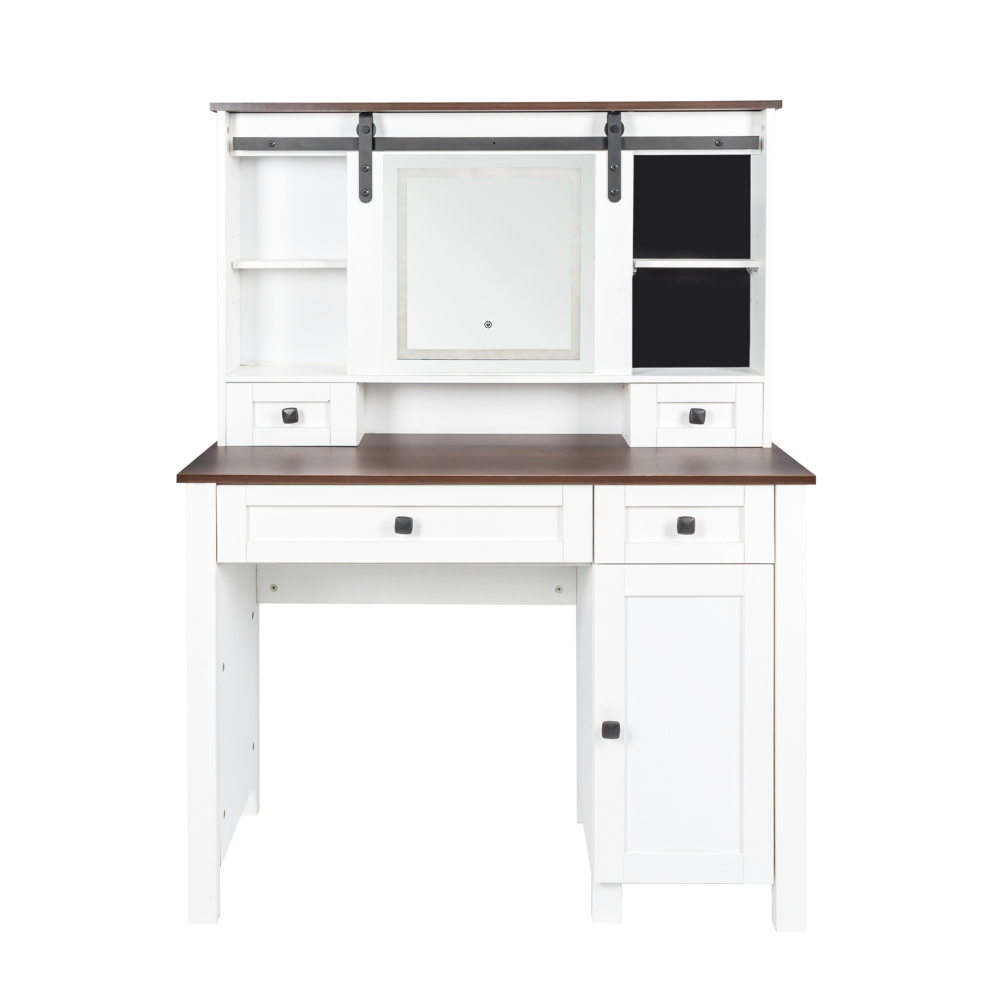 Farmhouse Makeup Vanity Set with Cushioned Stool, Lighted Mirror, Drawers and Cabinet