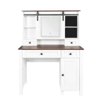 Farmhouse Makeup Vanity Set with Cushioned Stool, Lighted Mirror, Drawers and Cabinet