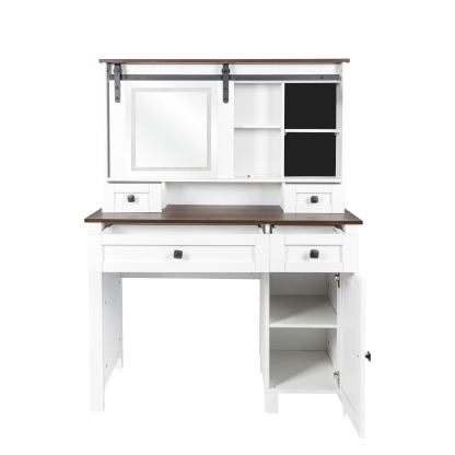 Farmhouse Makeup Vanity Set with Cushioned Stool, Lighted Mirror, Drawers and Cabinet