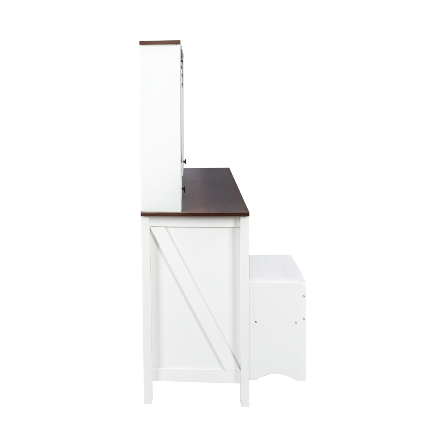 Farmhouse Makeup Vanity Set with Cushioned Stool, Lighted Mirror, Drawers and Cabinet