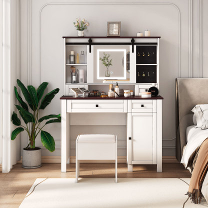 Farmhouse Makeup Vanity Set with Cushioned Stool, Lighted Mirror, Drawers and Cabinet