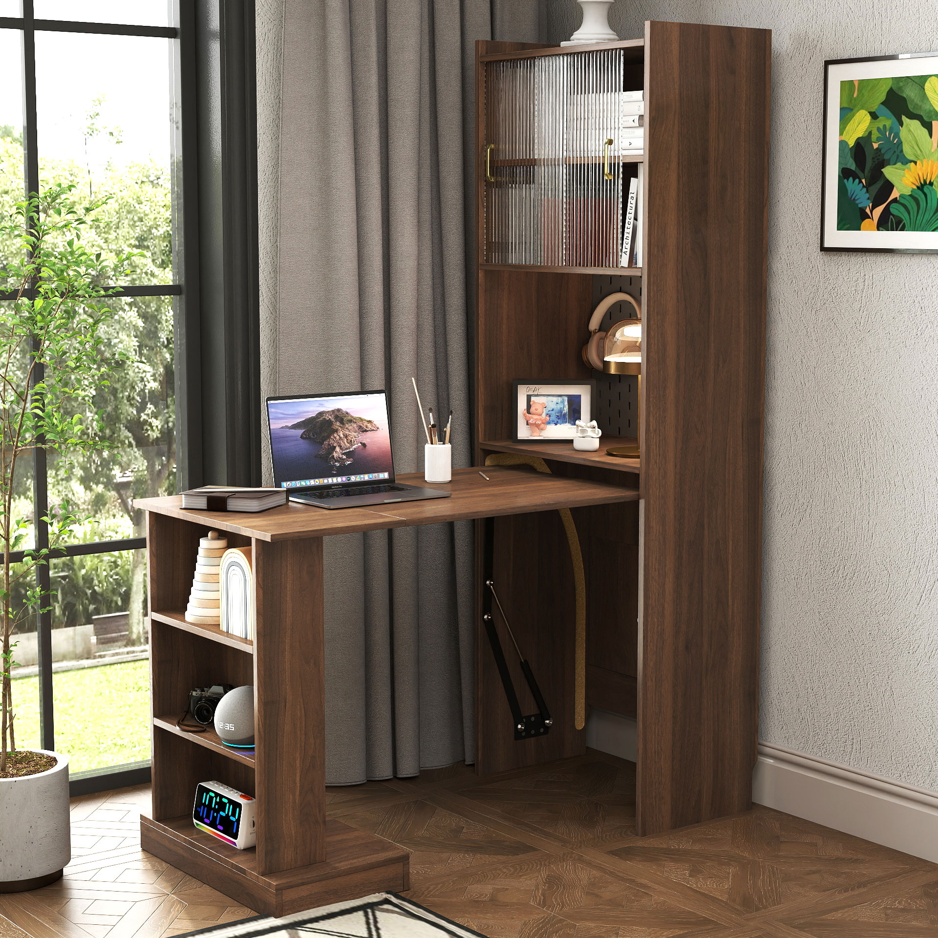 13-36"W Foldable Computer Desk w/ Storage & Pegboard | Space-Saving