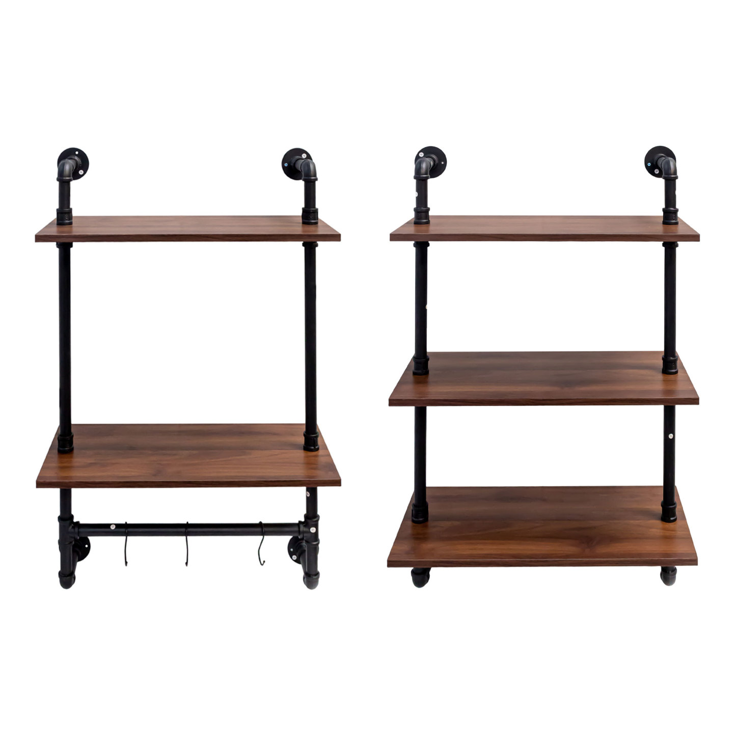 Industrial Pipe Shelving Set, 2-Tier with Hooks & 3-Tier Wood Wall Shelf Combo