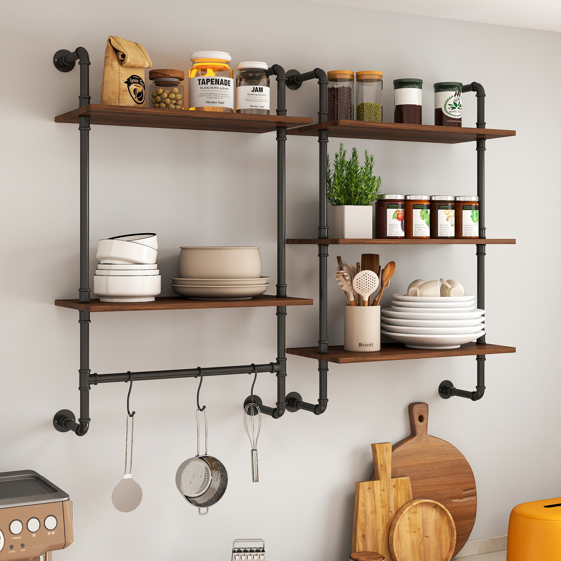 Industrial Pipe Wall Shelf w/ 3 Hooks for Bedroom, Kitchen & Office | 2-3 Tiers