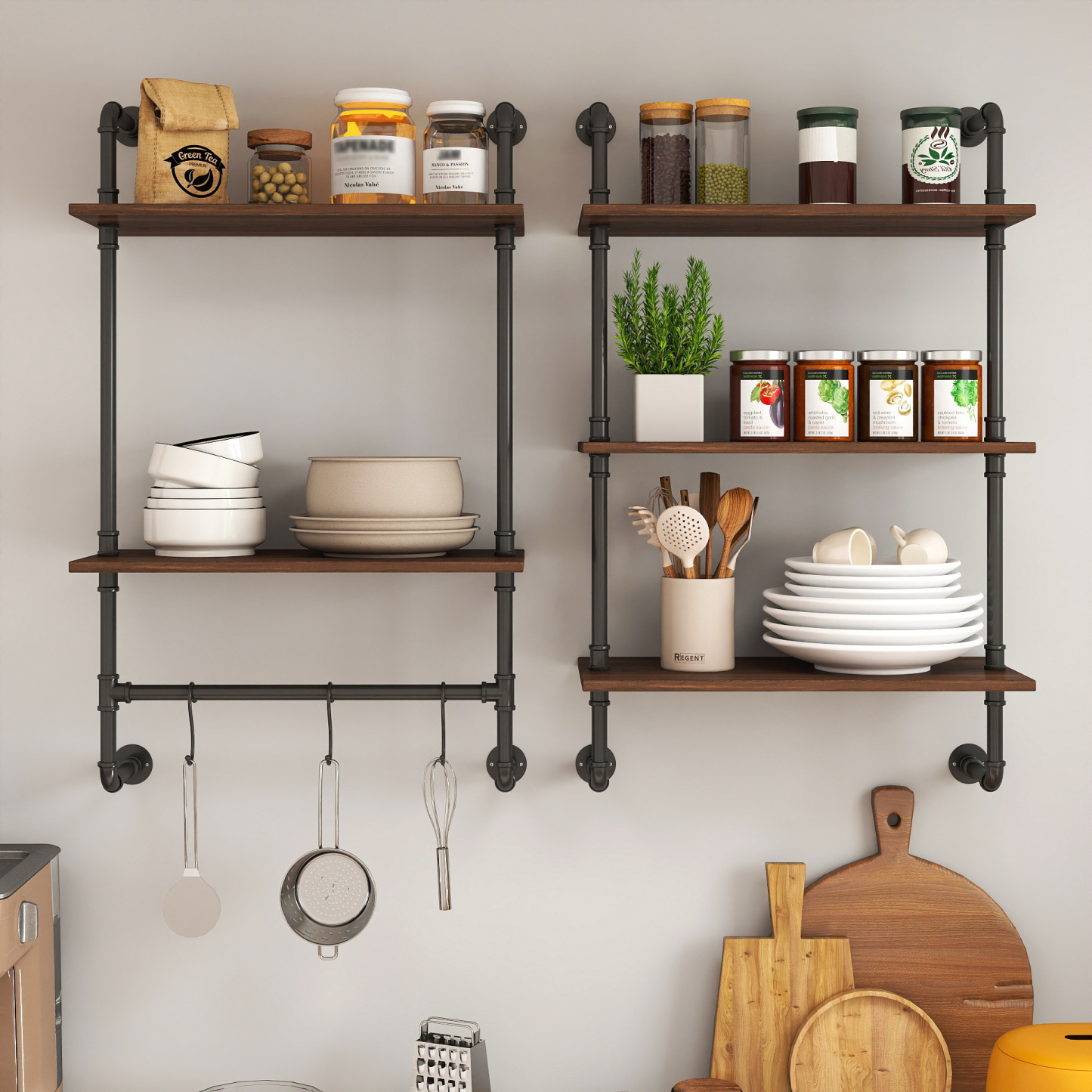 Industrial Pipe Wall Shelf w/ 3 Hooks for Bedroom, Kitchen & Office | 2-3 Tiers
