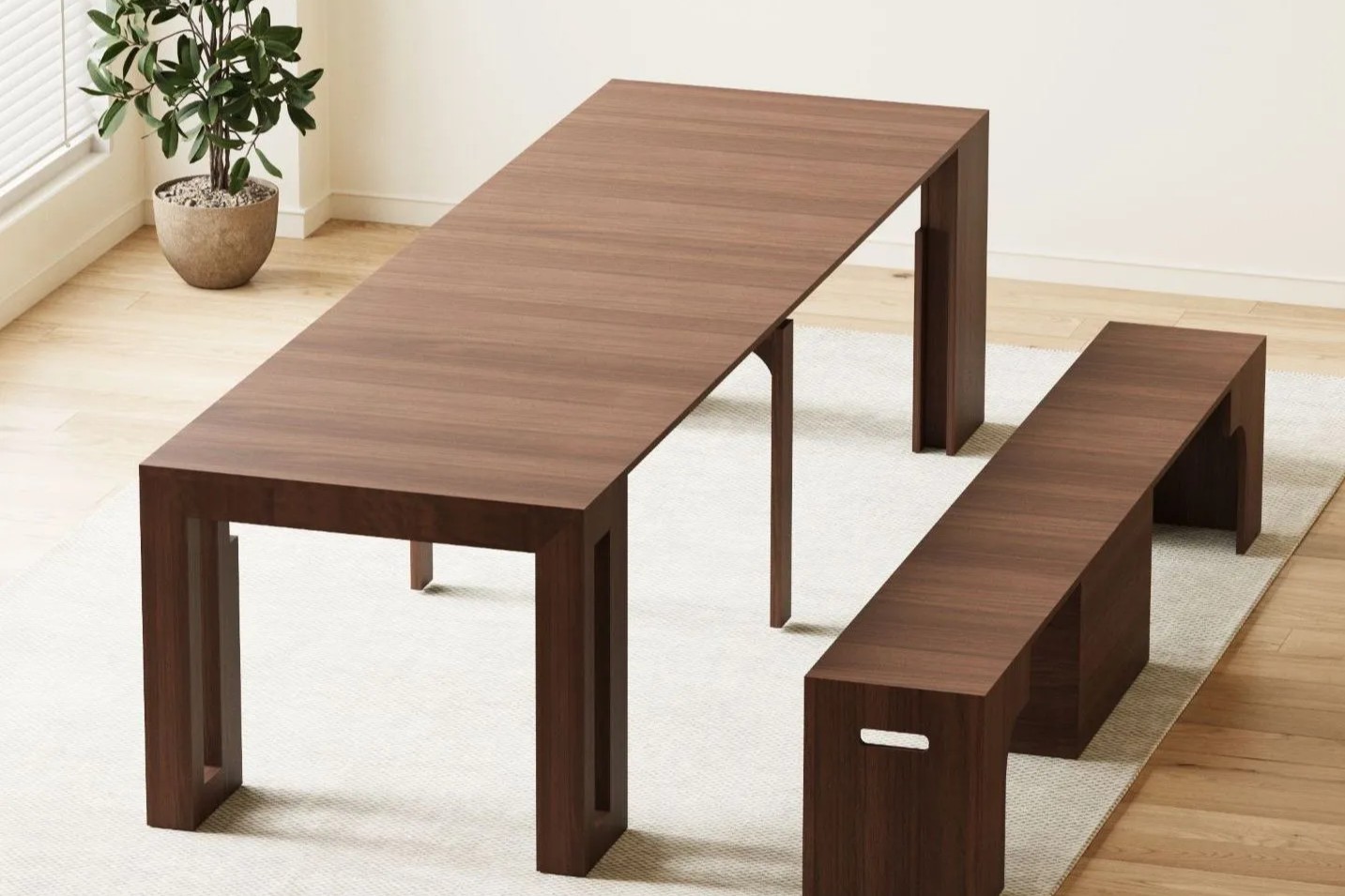 Joysource Transforming Dining Set - Solid Wood Extendable Table & Expandable Bench