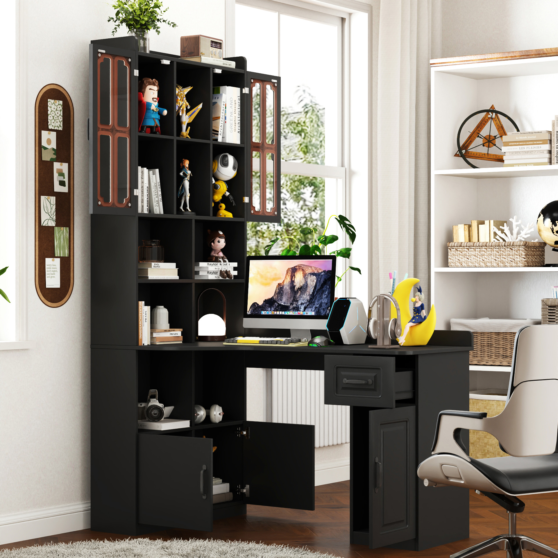 L-Shaped Corner Computer Desk with Hutch and Storage Cabinet, 77"