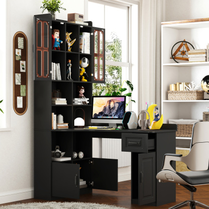L-Shaped Corner Computer Desk with Hutch and Storage Cabinet, 77"
