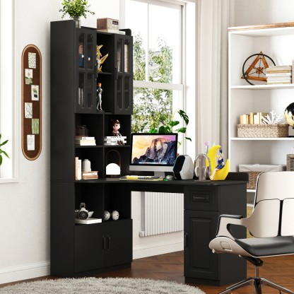 L-Shaped Corner Computer Desk with Hutch and Storage Cabinet, 77"