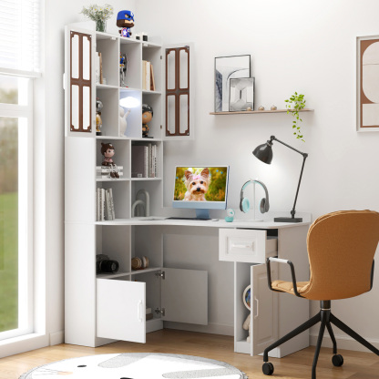 L-Shaped Corner Computer Desk with Hutch and Storage Cabinet, 77"