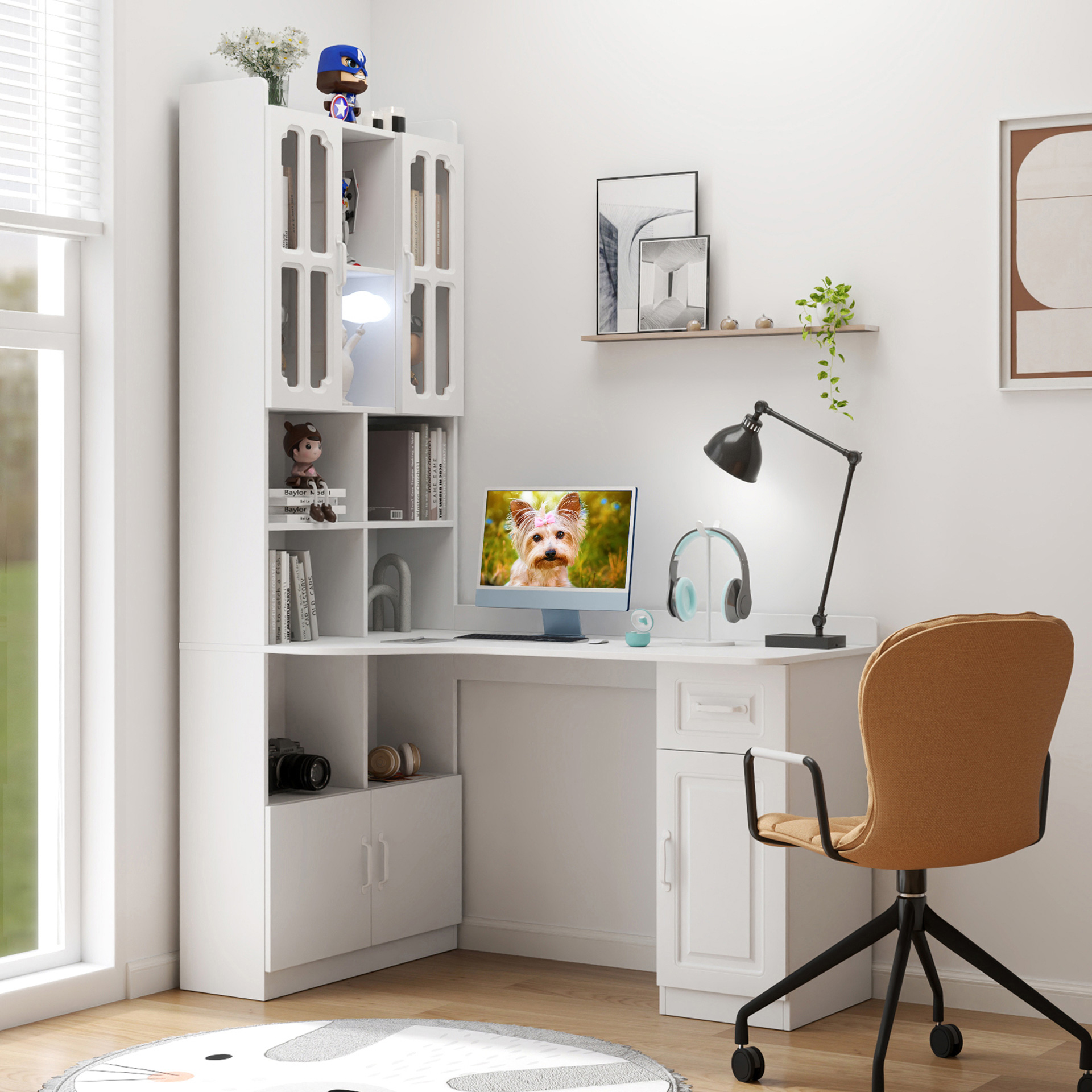 L-Shaped Corner Computer Desk with Hutch and Storage Cabinet, 77"