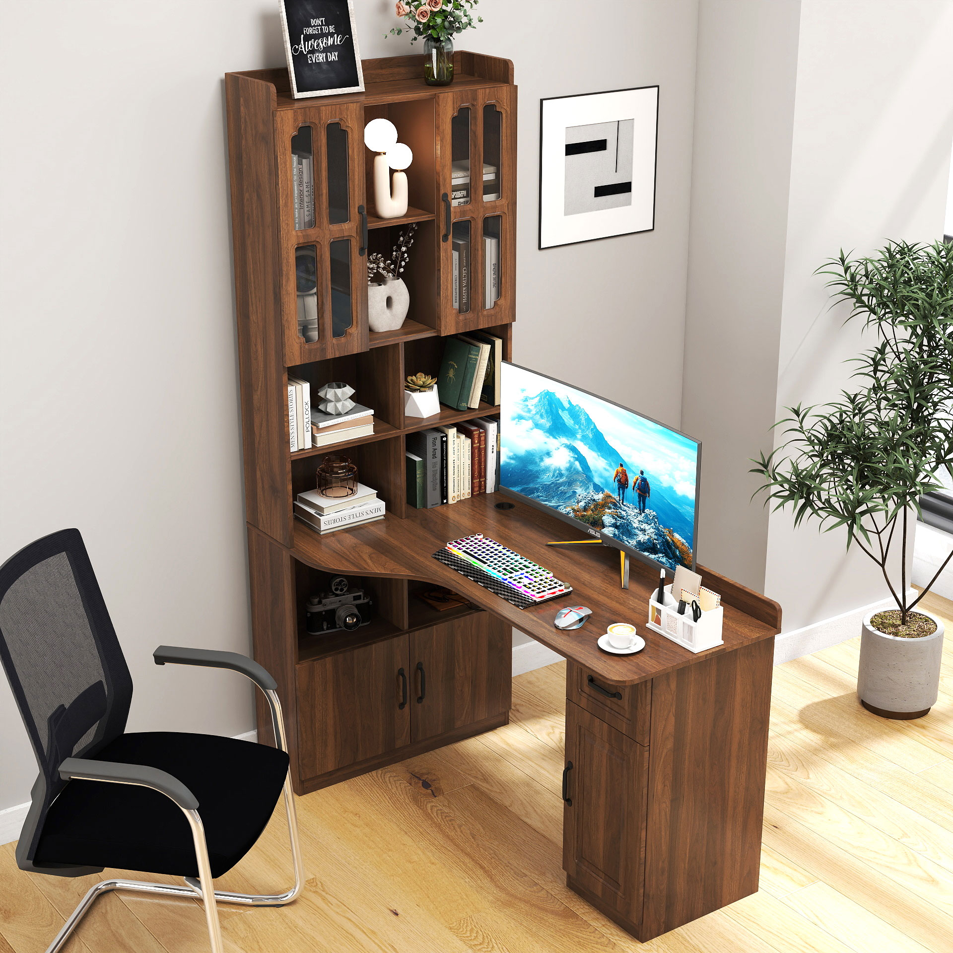 L-Shaped Desk with Hutch, Drawers and Storage Cabinet | Corner Desk
