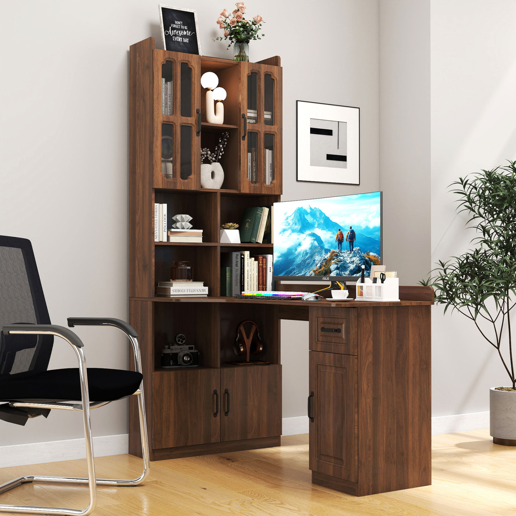 L-Shaped Desk with Hutch, Drawers and Storage Cabinet | Corner Desk