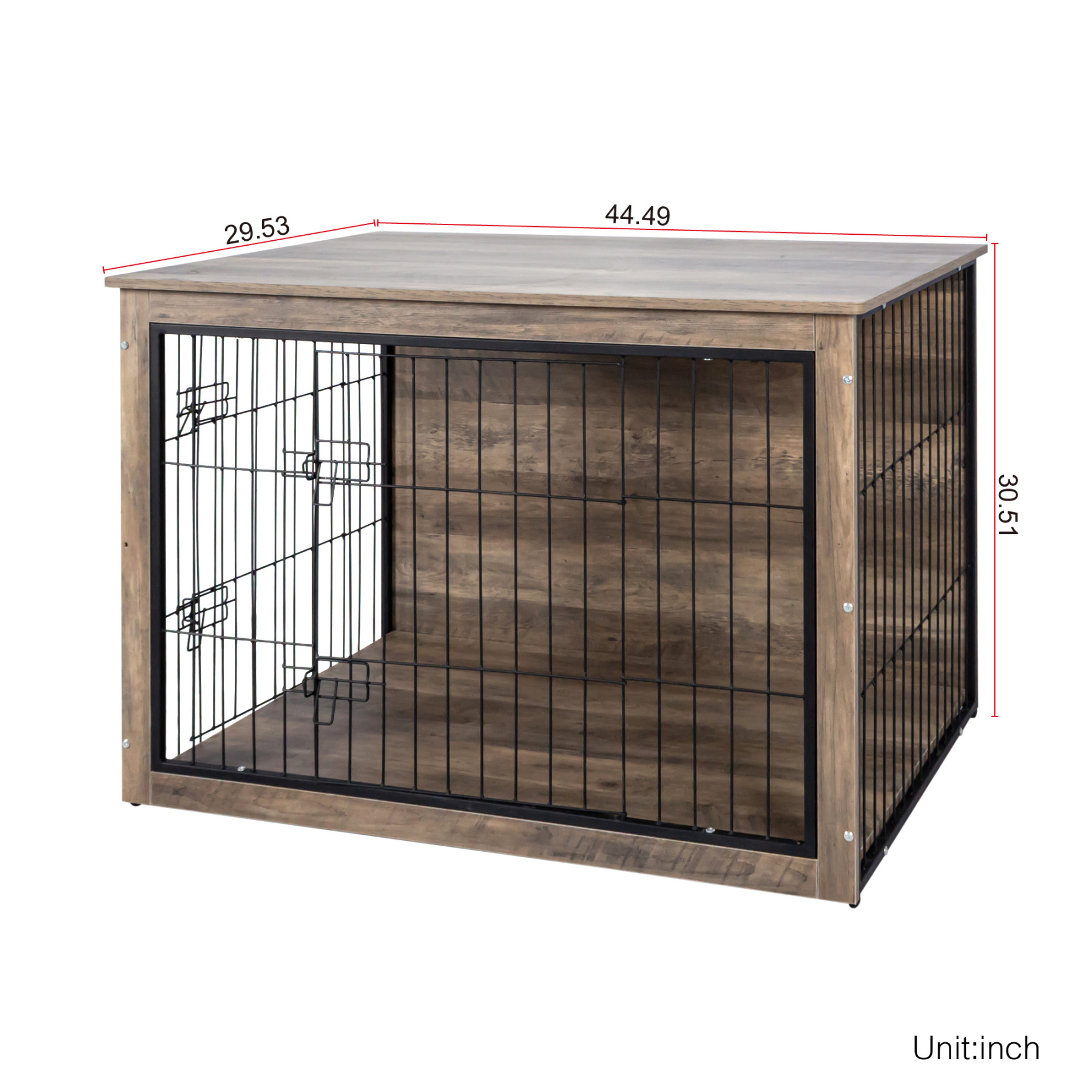 Large Rustic Wooden Dog Crate Furniture with 2 Doors, 44.5" x 29.5" x 30.5"
