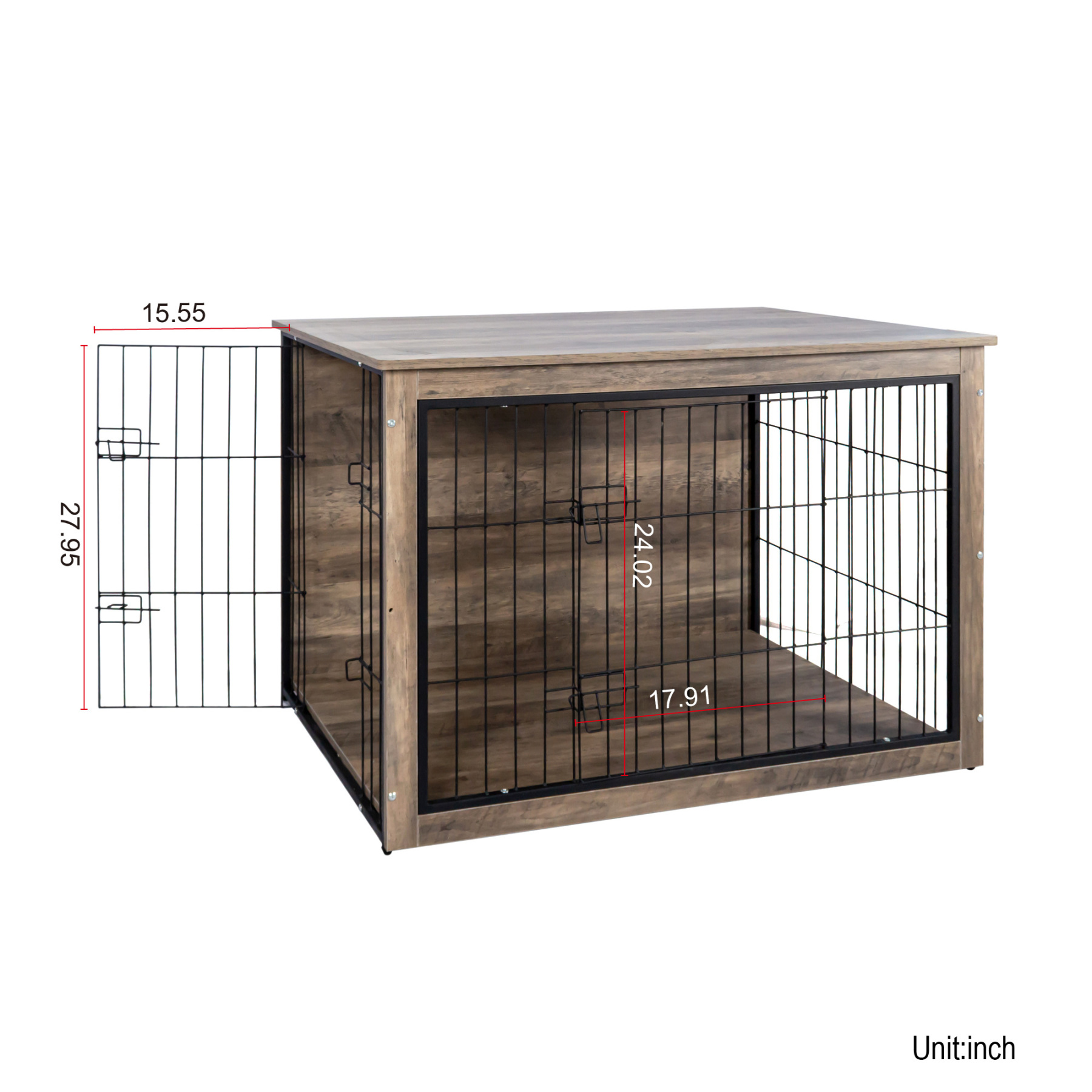 Large Rustic Wooden Dog Crate Furniture with 2 Doors, 44.5" x 29.5" x 30.5"