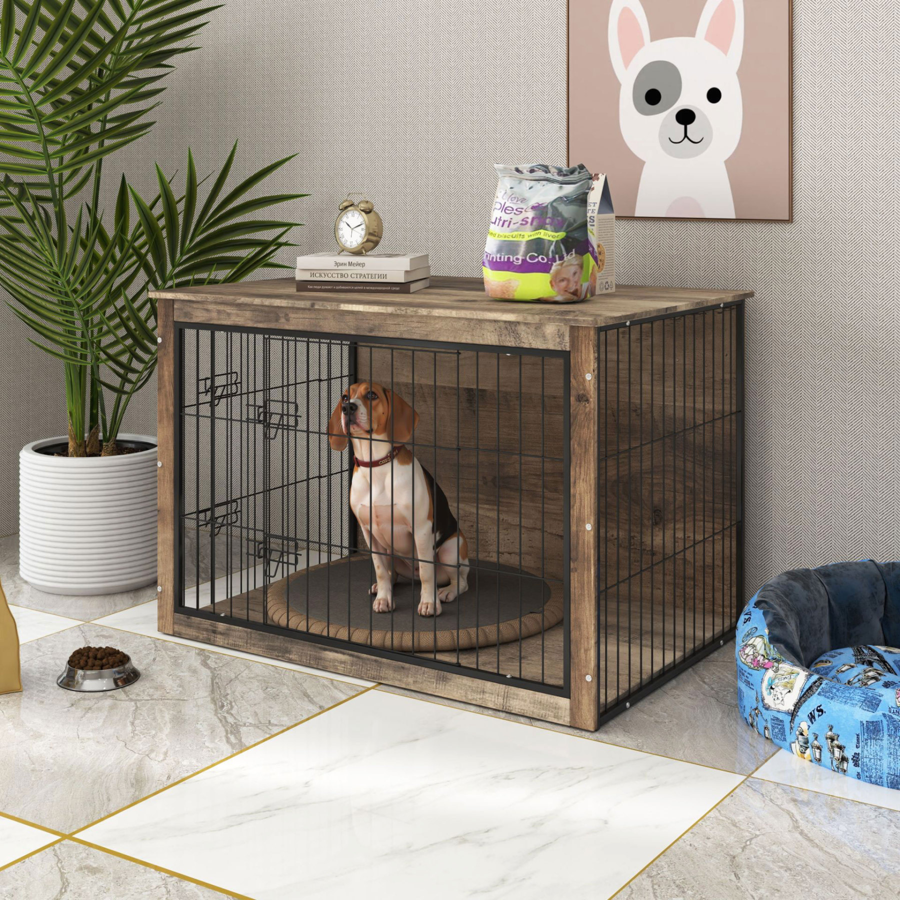 Large Rustic Wooden Dog Crate Furniture with 2 Doors, 44.5" x 29.5" x 30.5"
