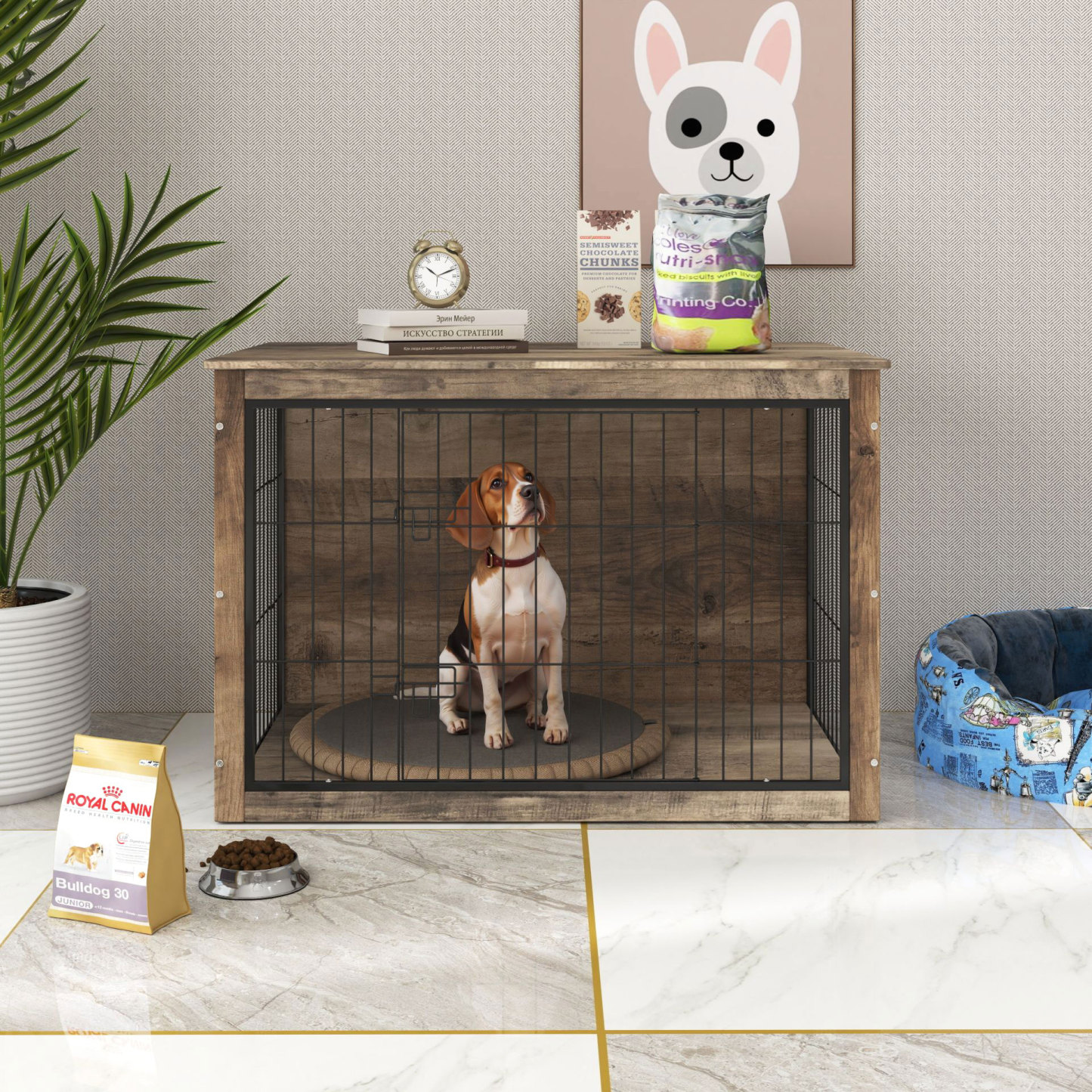 Large Rustic Wooden Dog Crate Furniture with 2 Doors, 44.5" x 29.5" x 30.5"