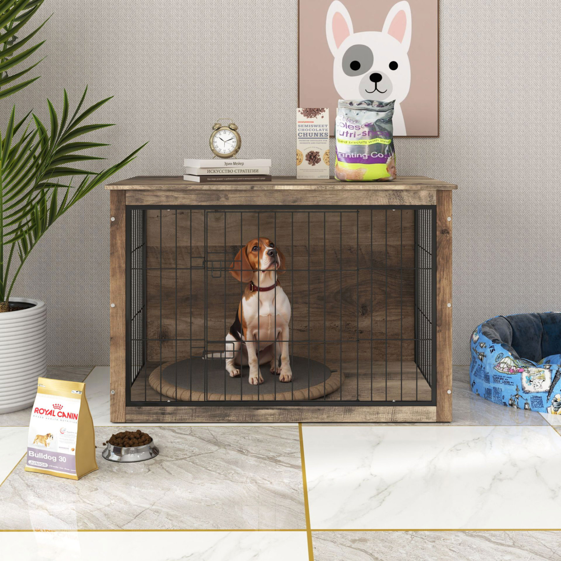 Large Rustic Wooden Dog Crate Furniture with 2 Doors, 44.5" x 29.5" x 30.5"