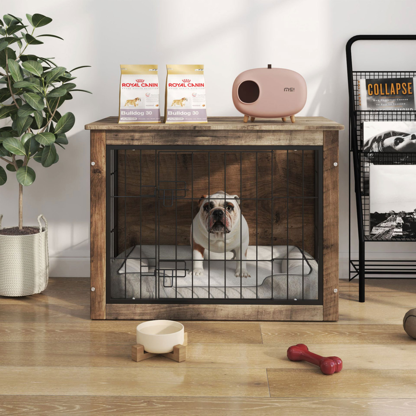 Medium Rustic Wooden Dog Crate Furniture with 2 Doors, 33" x 22" x 25"