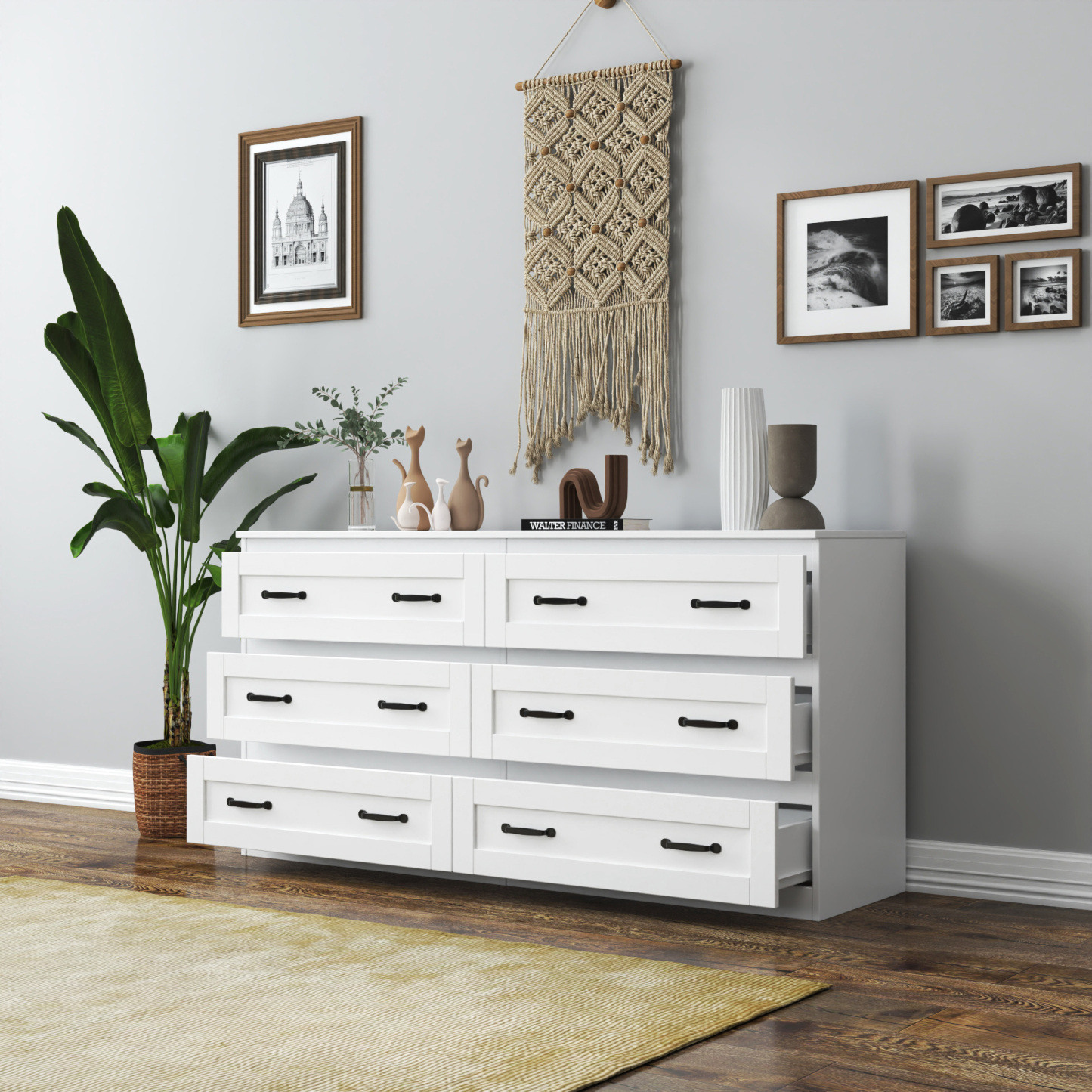 Modern 6-Drawer Dresser w/ Metal Handles for Living Room, Bedroom or Hallway